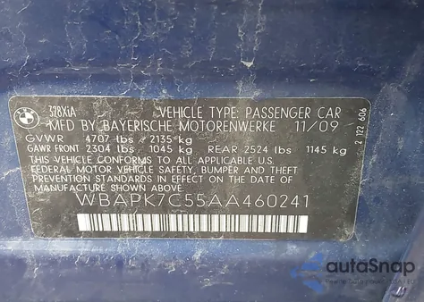 2010 BMW 328I xDrive из США, поврежденный, VIN WBAPK7C55AA460241